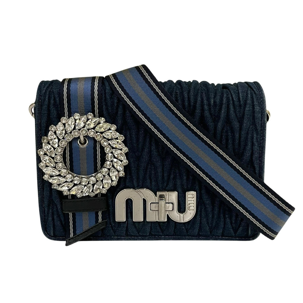 Miu Miu Crystal Bijou Indigo Matelasse Denim Crossbody Bag Blue